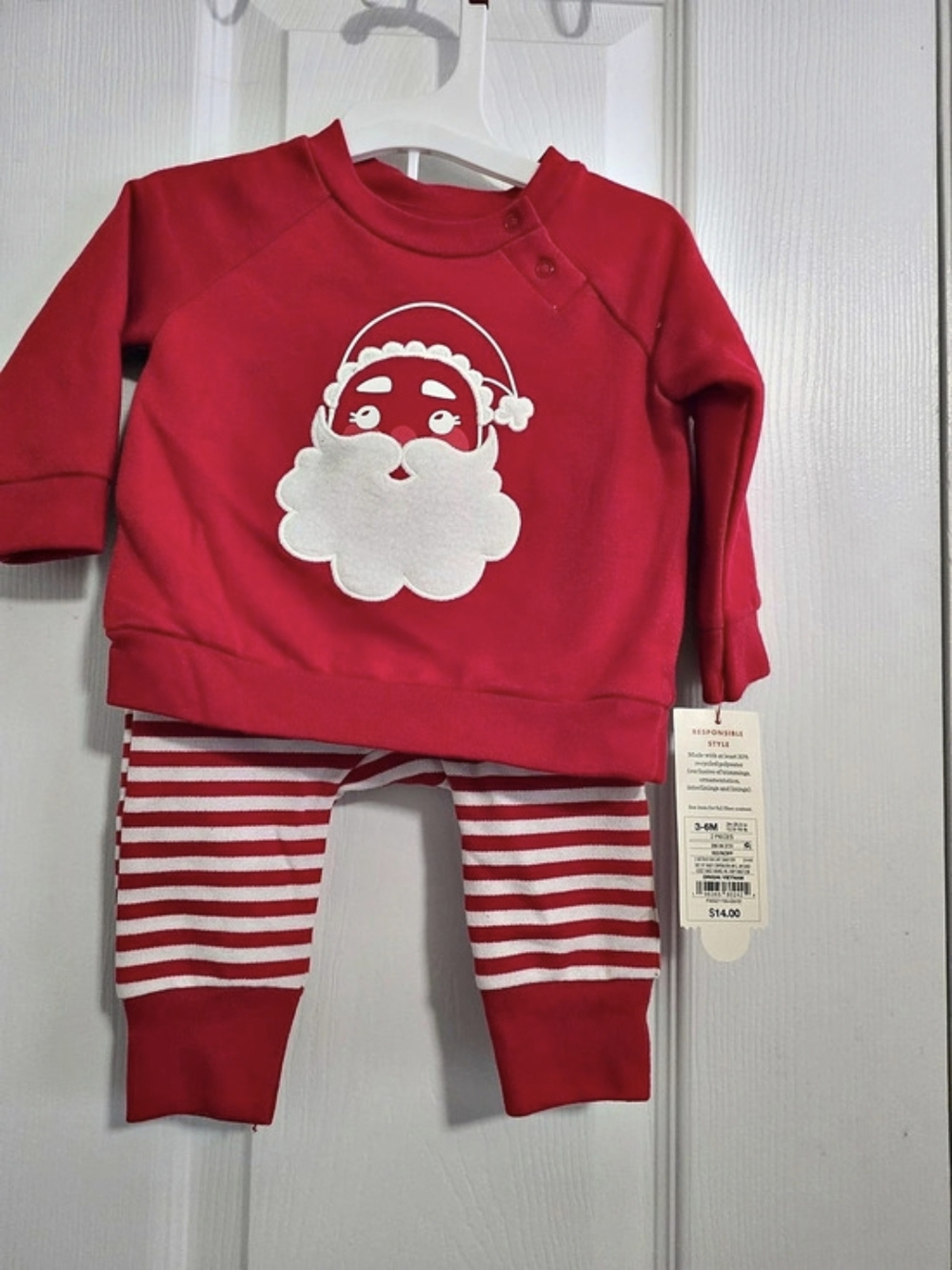 Cat & Jack Santa Sweatshirt and Striped Leggings Set Baby 3-6M Red & White